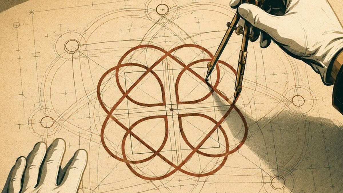 Mão com compasso a traçar a geometria do emblema do Rito Português